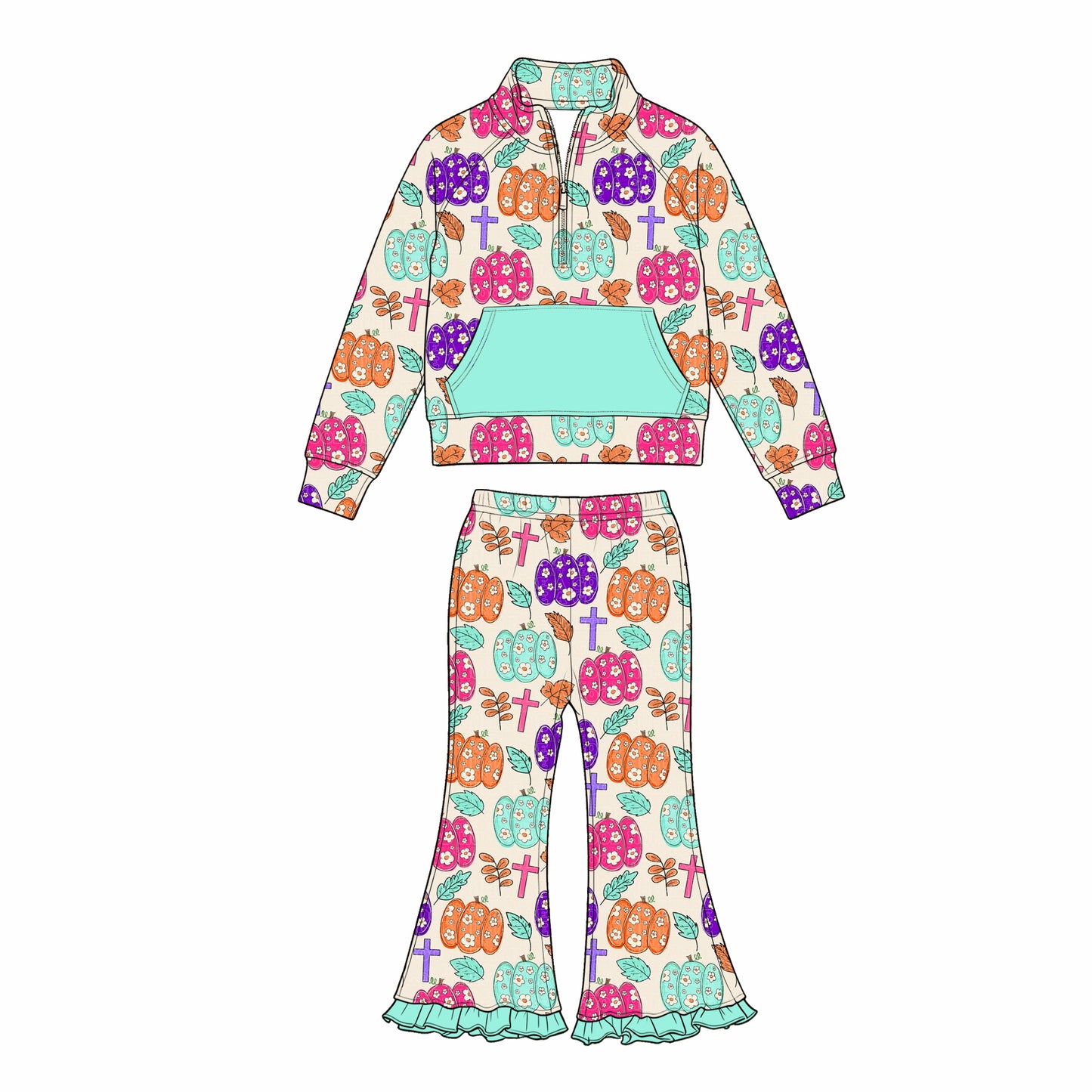 preorder GLP3483 Easter Cross Pumpkin Pocket Zipper Long Sleeve Pants Girls Set