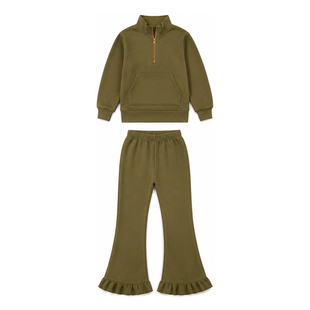 preorder GSPO2337 Green Sweatshirt Pocket Zipper Long Sleeve Pants Girls Set