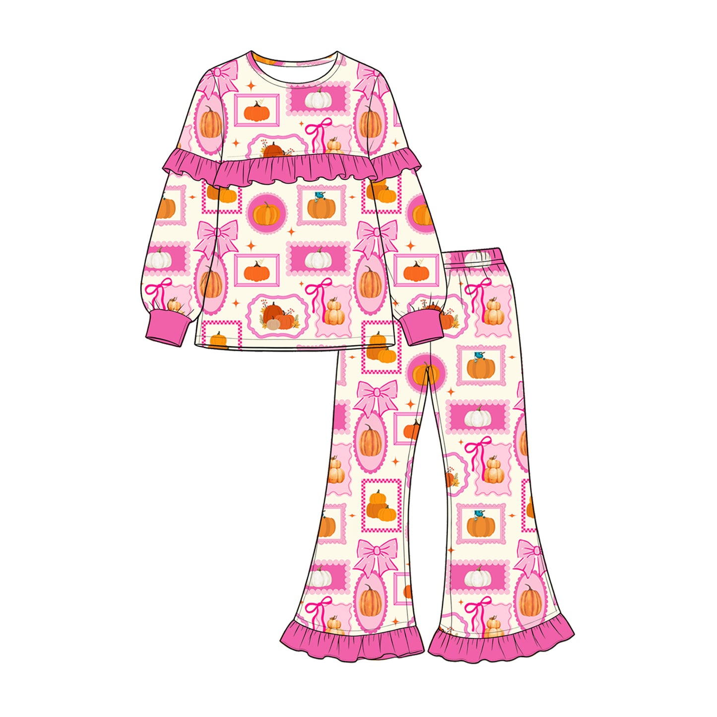 preorder GLP3504 Pumpkin Bows Hot Pink Long Sleeve Pants Girls Set