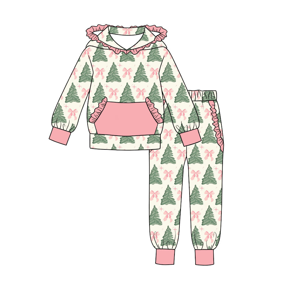 preorder GLP3513 Christmas Tree Bows Pink Pocket Hoodie Long Sleeve Pants Girls Set