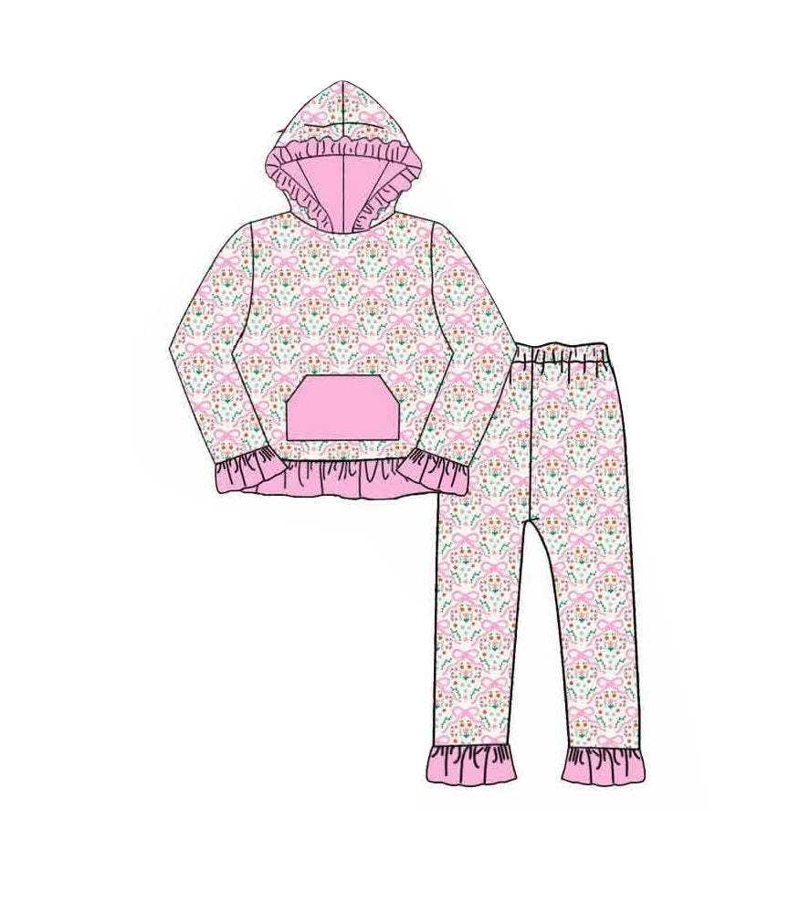 preorder GLP3520 Flowers Bows Pocket Hoodie Long Sleeve Pants Girls Set