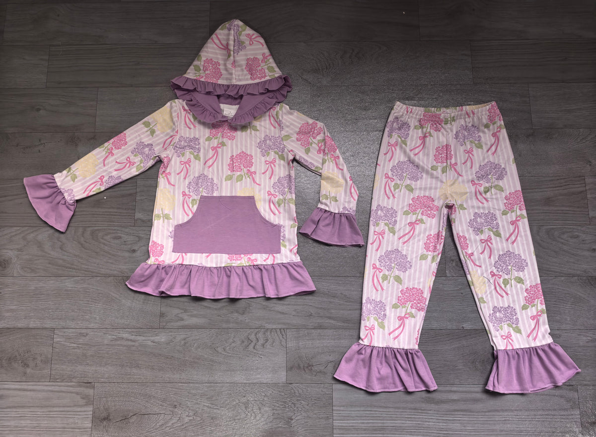 preorder Samples GLP3521 Flowers Purple Pocket Hoodie Long Sleeve Pants Girls Set