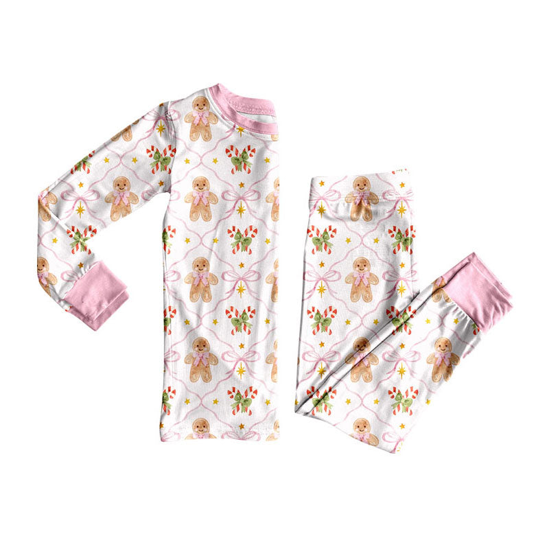 preorder GLP3552 Christmas Gingerbread Man Bows Long Sleeve Pants Girls Pajamas