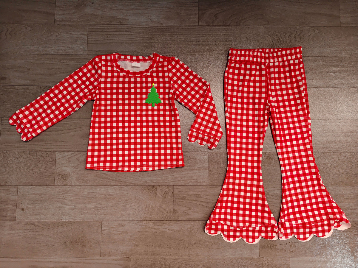 preorder Samples GLP3590 Christmas Tree Red Checkered Long Sleeve Pants Girls Set
