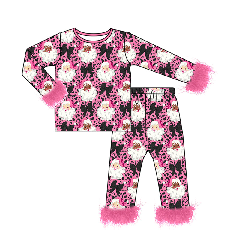 preorder GLP3610 Christmas Santa Bows Hot Pink Fur Long Sleeve Pants Girls Pajamas