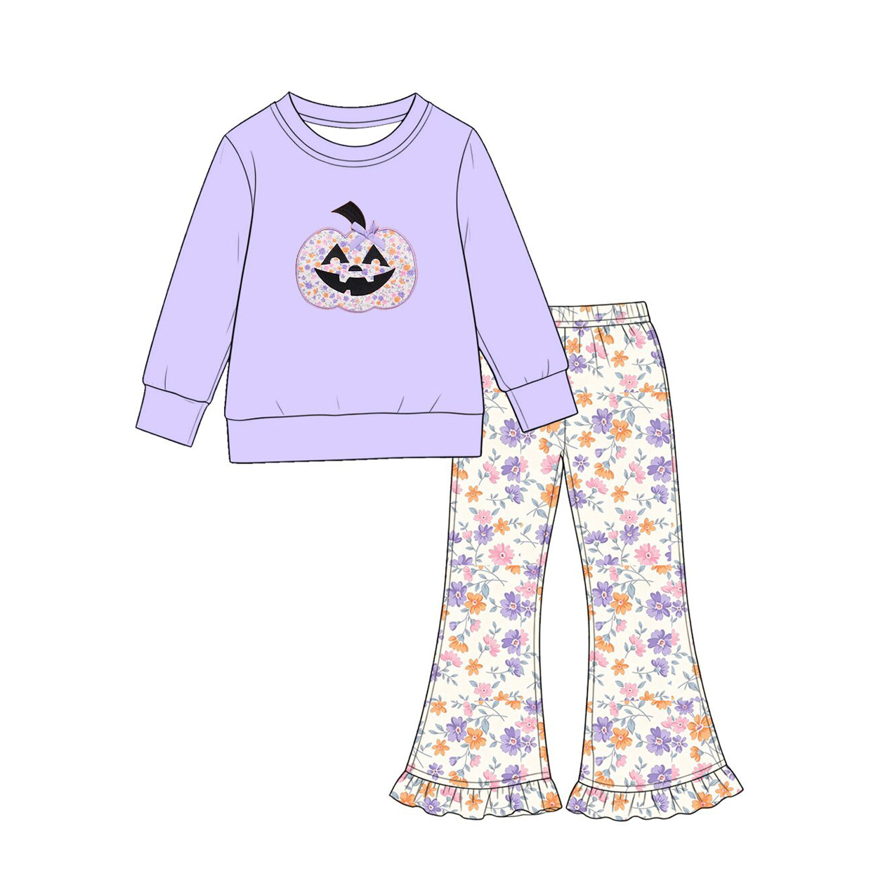 preorder GLP3618 Halloween Smile Pumpkin Purple Long Sleeve Flowers Pants Girls Set