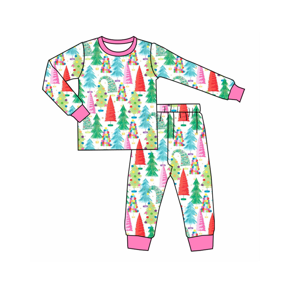 preorder GLP3619 Christmas Colorful Tree Long Sleeve Pants Girls Pajamas