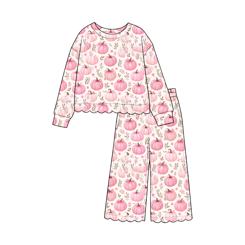 preorder GLP3631 Pink Pumpkin Flowers Long Sleeve Pants Girls Set