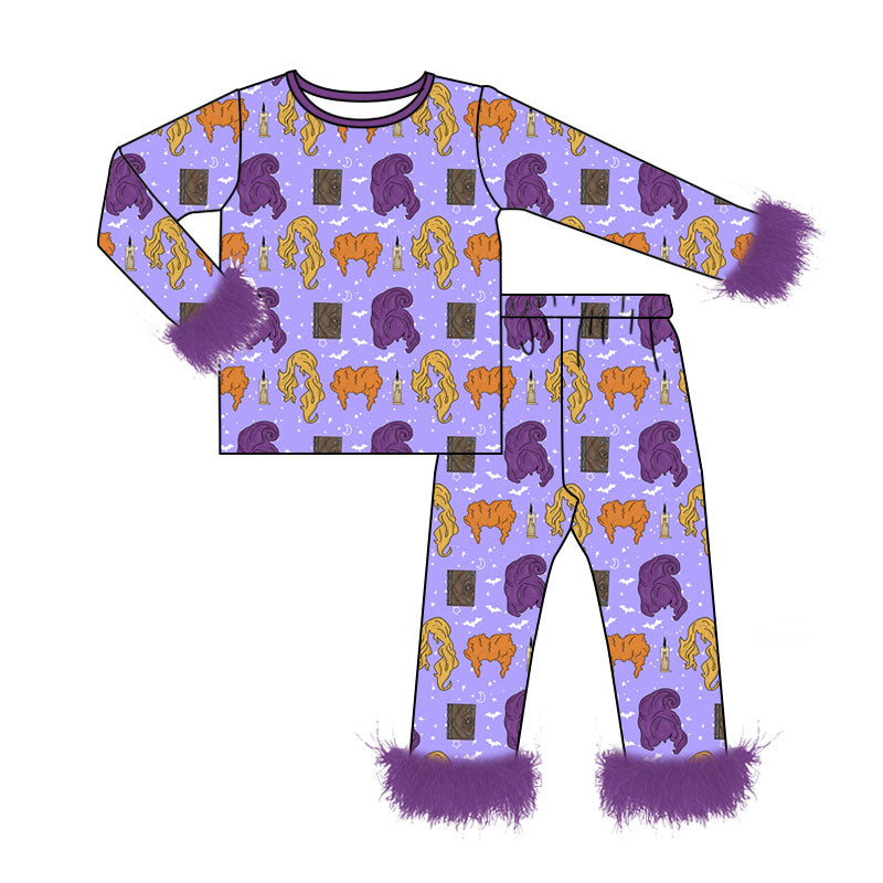 preorder GLP3634 Halloween Witch Purple Fur Long Sleeeve Pants Girls Pajamas