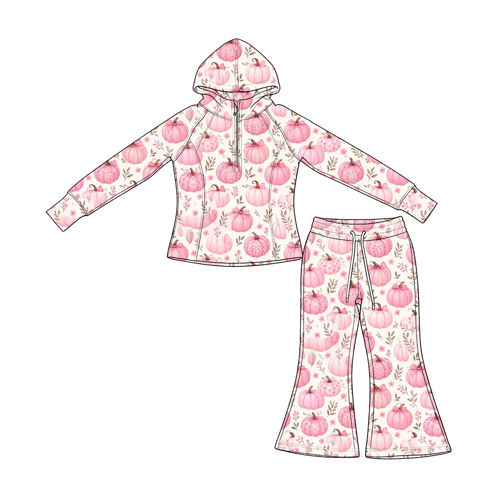 preorder GLP3653 Pink Pumpkin Zipper Hoodie Long Sleeve Pants Girls Set