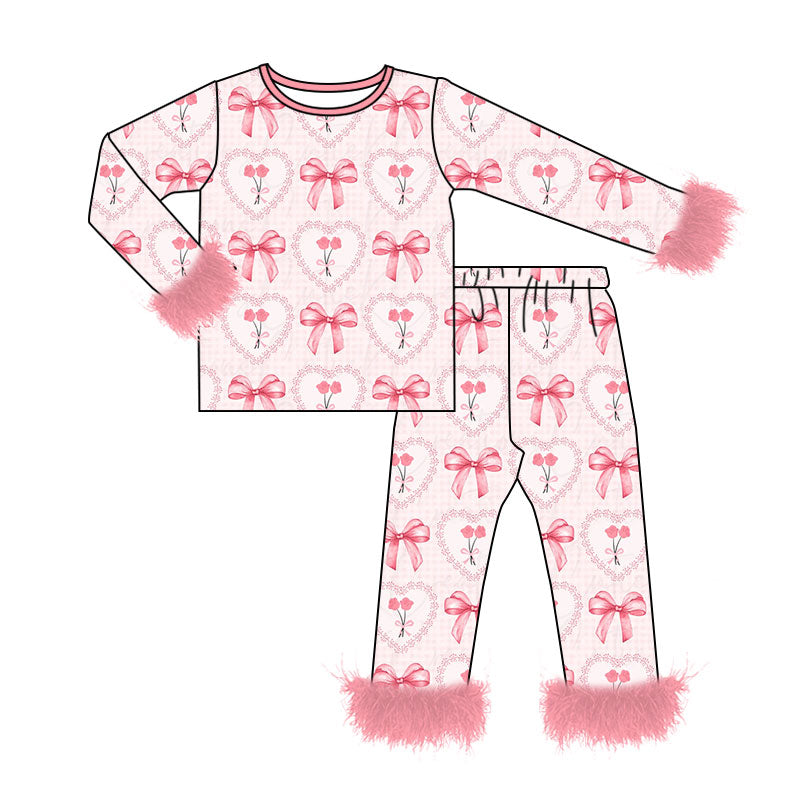 preorder GLP3668 Valentine's Day Heart Flowers Fur Long Sleeve Pants Girls Pajamas