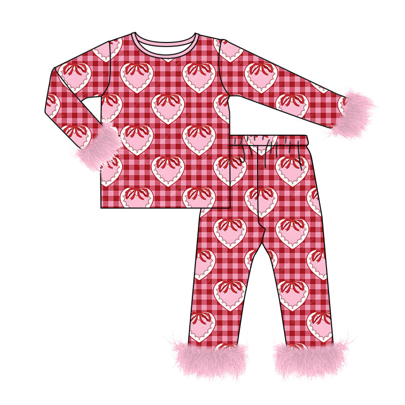 preorder GLP3669 Valentine's Day Heart Red Checkered Long Sleeve Pants Girls Pajamas
