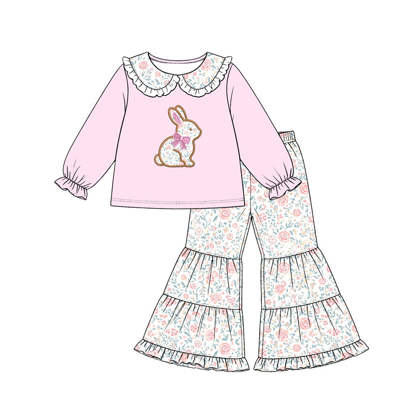 preorder GLP3705 Bunny Rabbit Flowers Pink Long Sleeve Pants Girls Set