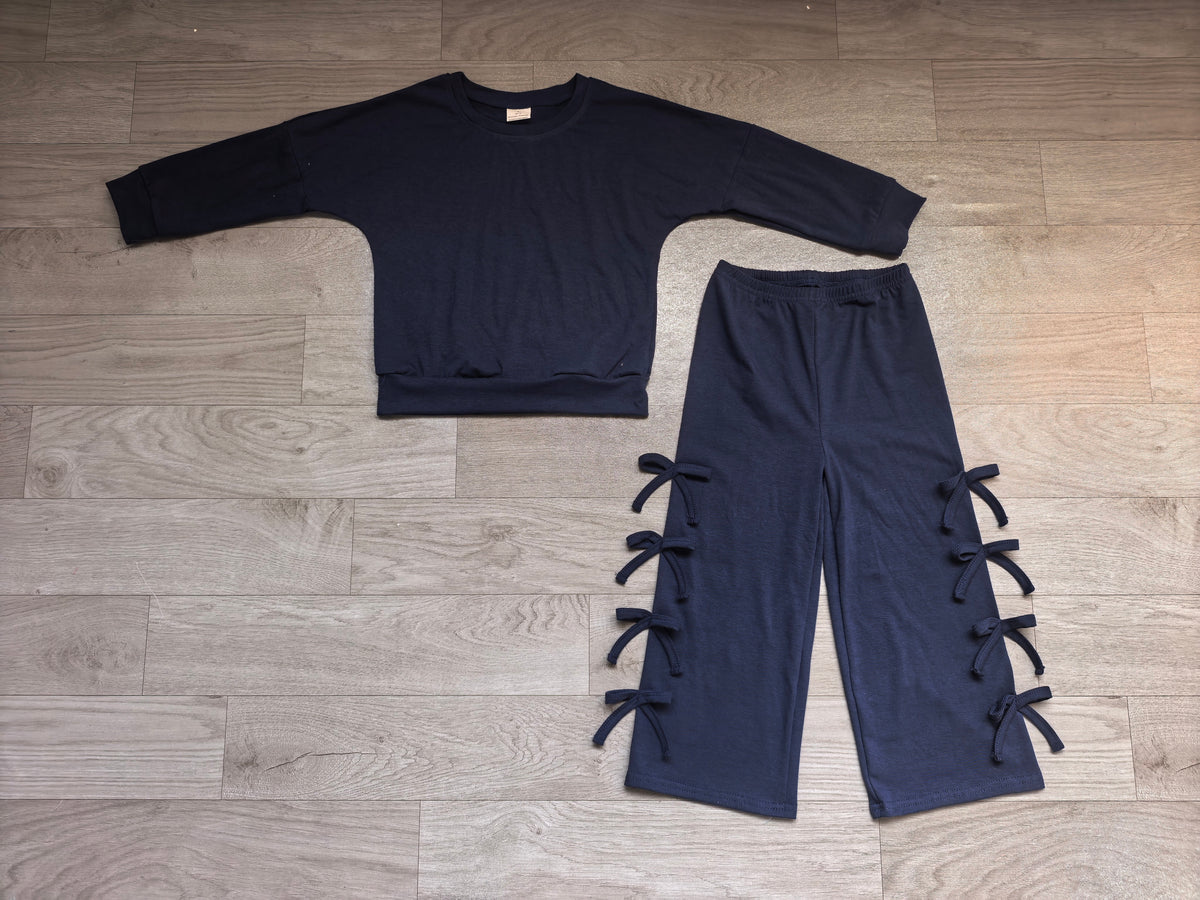 preorder Samples GLP3849 Solid Color Navy Blue Long Sleeve Pants Girls Set