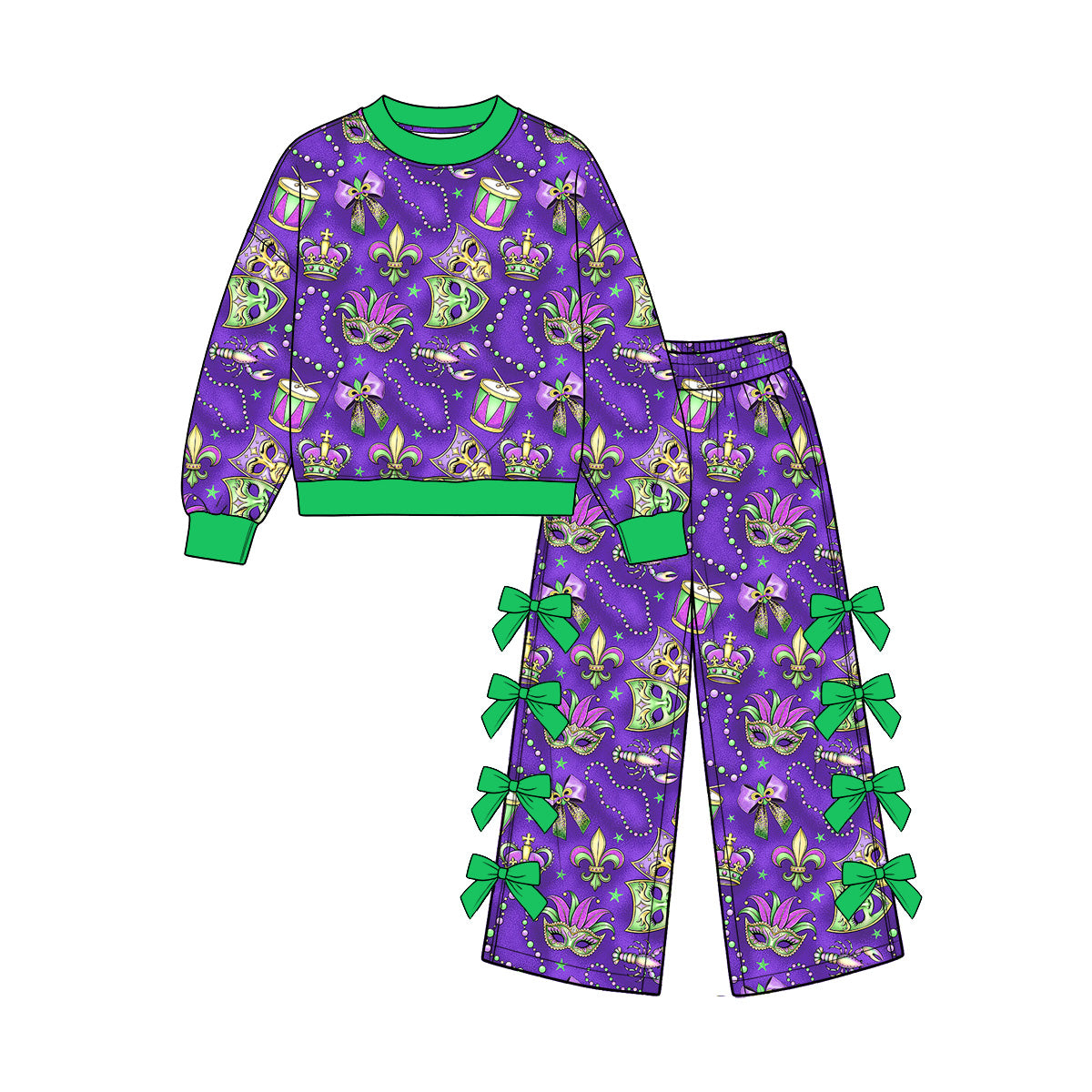 preorder GLP3865 Mardi Gras Mask Purple Long Sleeve Bows Pants Girls Set