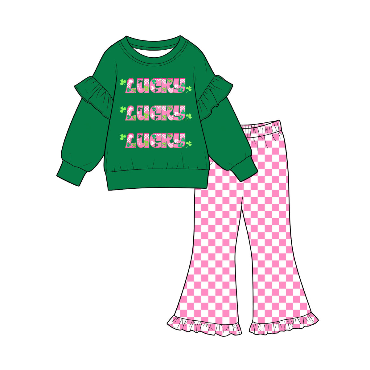 preorder GLP3918 St Patrick Lucky Green Long Sleeve Pink Checkered Pants Girls Set