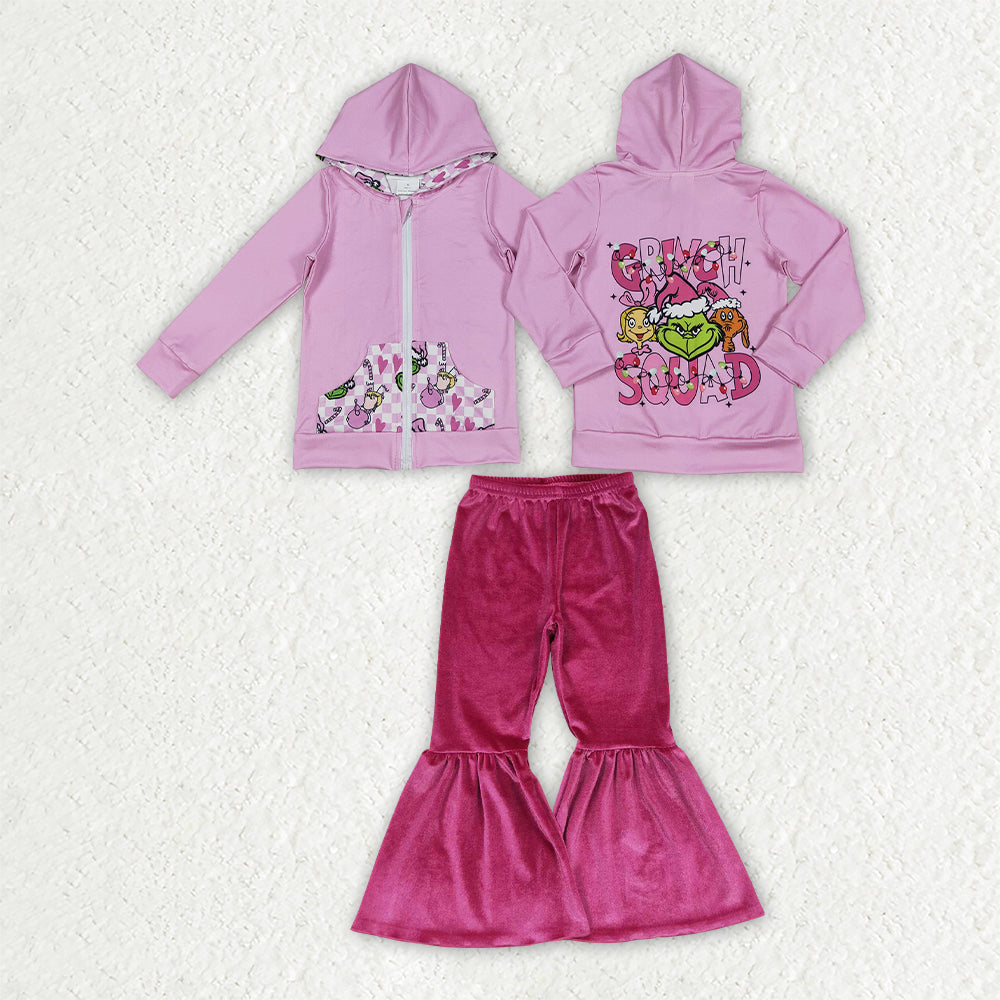 GLP3953 Christmas Green Face Pink Zipper Hoodie Long Sleeve Velet Pants Girls Set