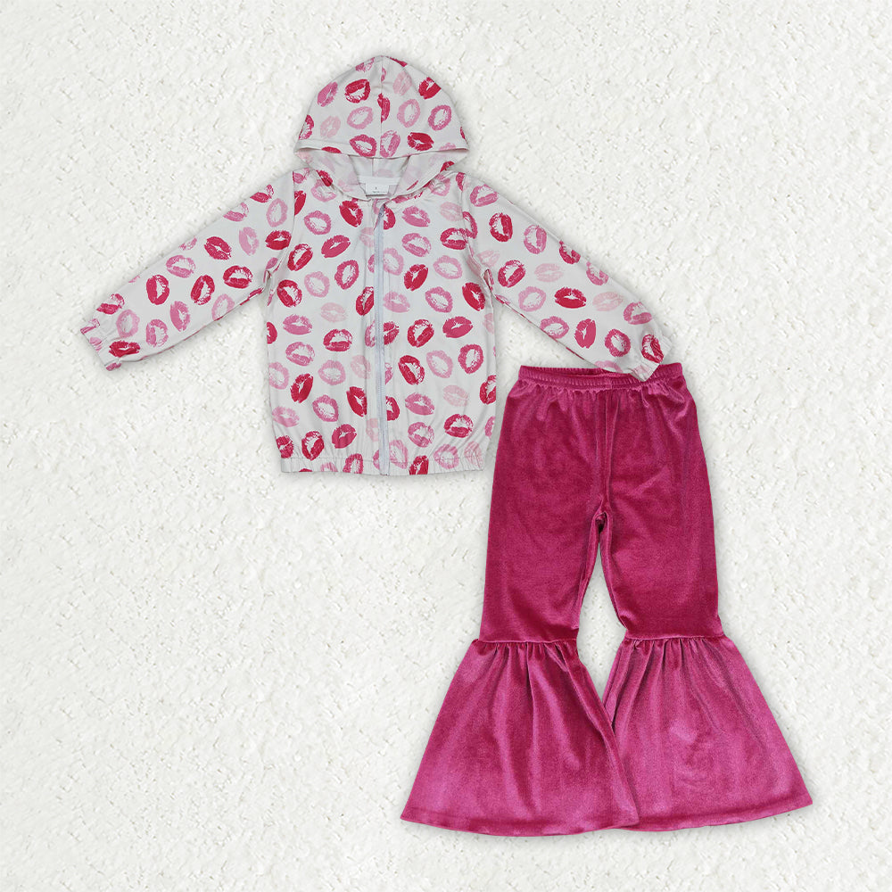 GLP3954 Valentine's Day Lips Zipper Hoodie Long Sleeve Velet Pants Girls Set