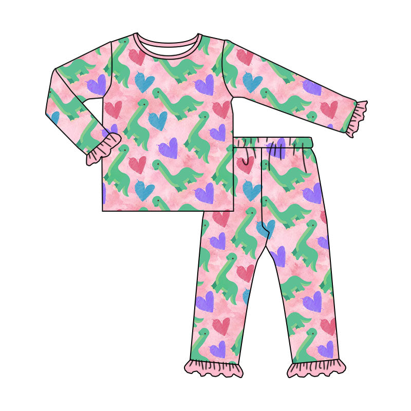 preorder GLP3955 Valentine's Day Heart Dinosaur Long Sleeve Pants Girls Set
