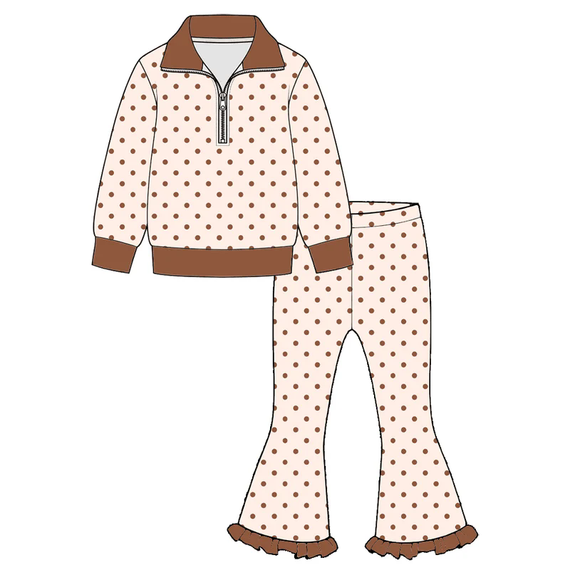 preorder GLP3959 Brown Dot Zipper Long Sleeve Pants Girls Set