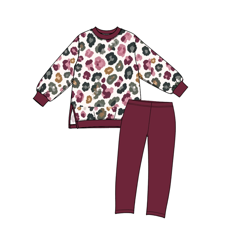 preorder GLP3991 Leopard Long Sleeve Maroon Pants Girls Set