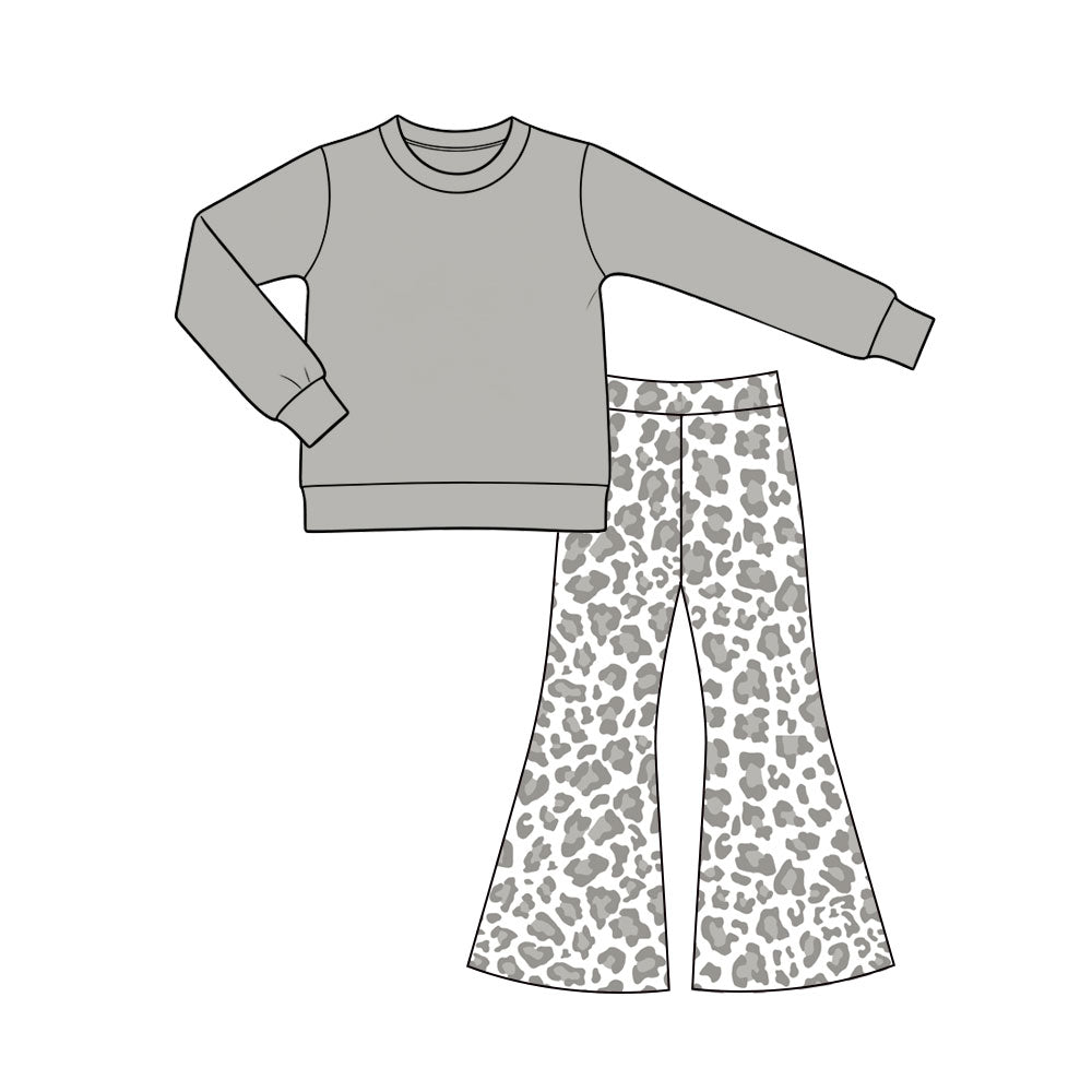 preorder GLP3992 Grey Long Sleeve Leopard Pants Girls Set