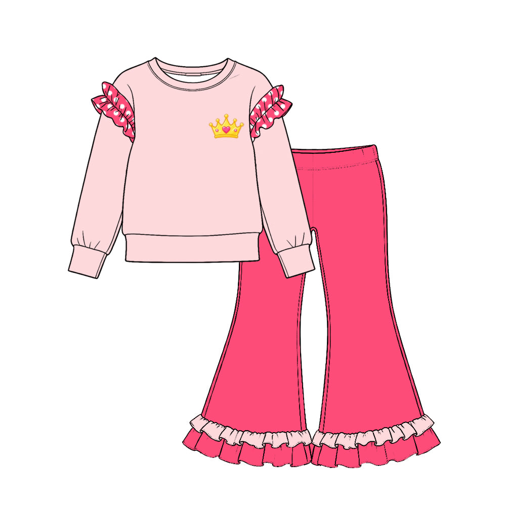 preorder GLP4049 Princess Cotton Ruffles Pink Long Sleeve Hot Pink Pants Girls Set