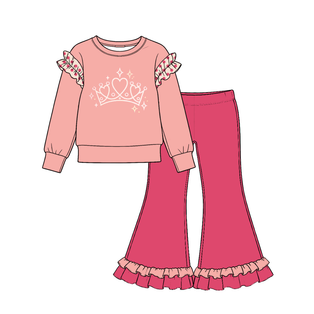 preorder GLP4065 Cotton Princess Ruffles Pink Long Sleeve Hot Pink Pants Girls Set