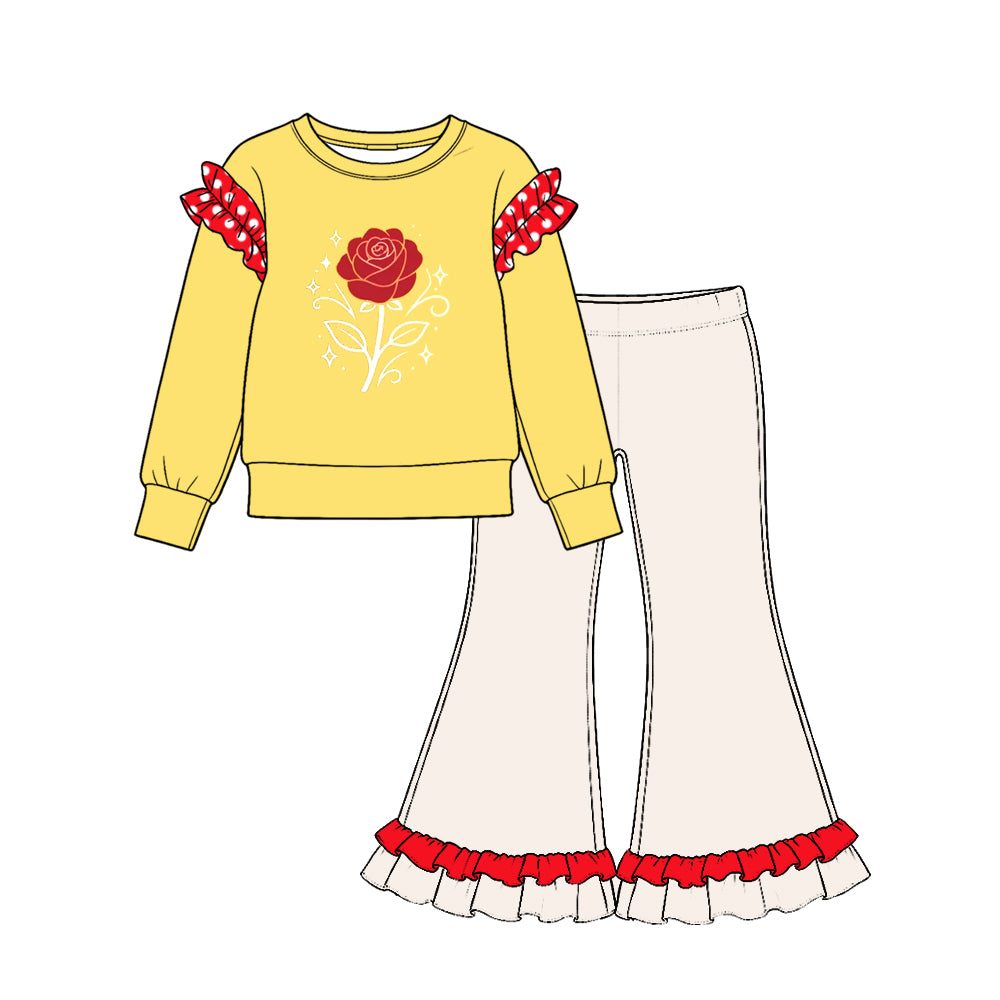 preorder GLP4066 Cotton Princess Ruffles Yellow Long Sleeve White Pants Girls Set