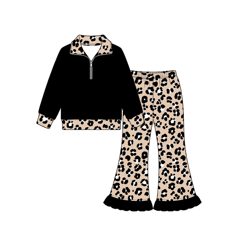 preorder GLP4070 Navy Blue Zipper Long Sleeve Leopard Pants Girls Set