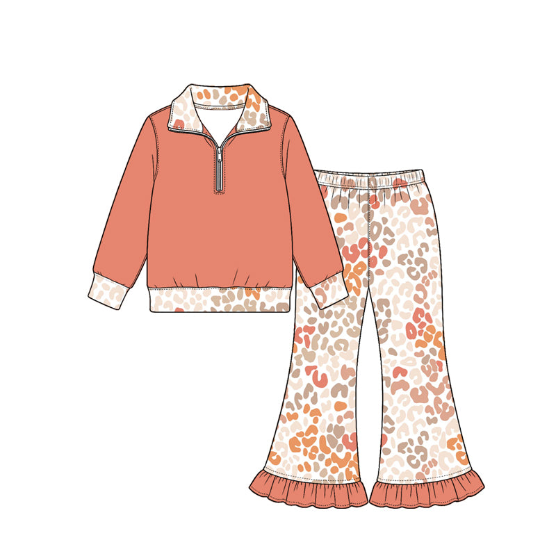 preorder GLP4071 Orange Zipper Long Sleeve Leopard Pants Girls Set
