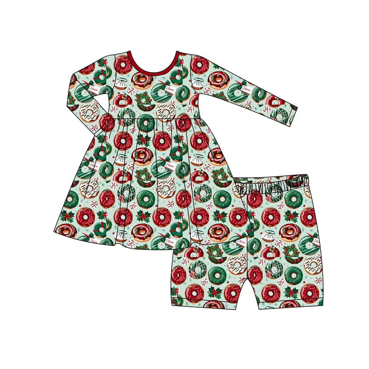 preorder GLS0002 Christmas holly berry donut green long sleeve shorts girls pajamas