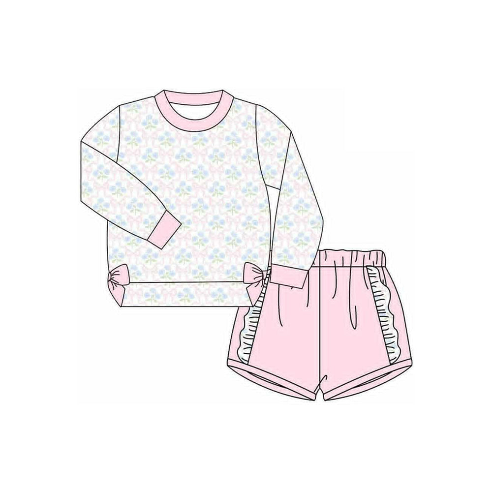 preorder GLS0014 blue flowers floral pink spilt cute bows long sleeve shorts girls set