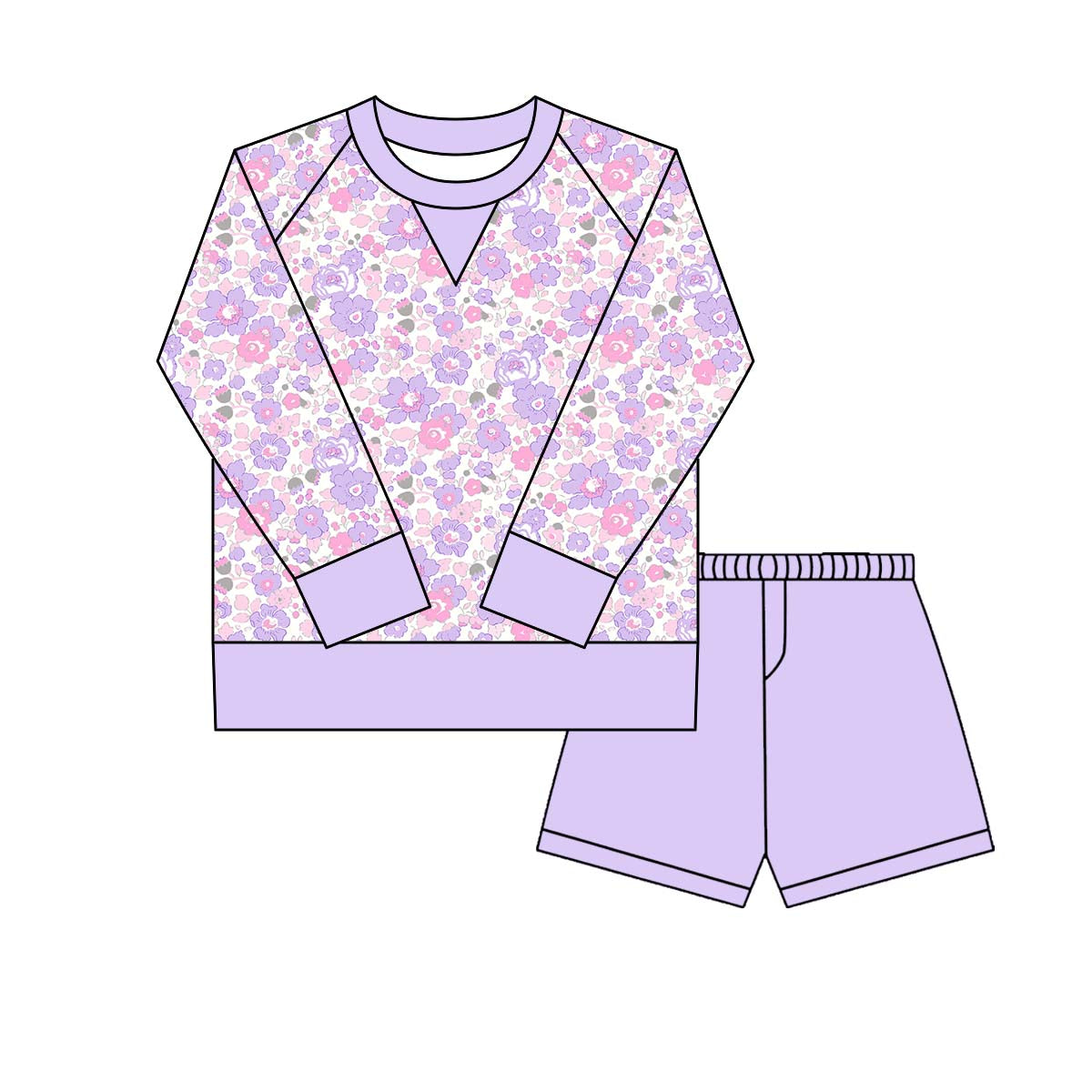 preorder GLS0024 yoga purple flowers floral long sleeve purple shorts girls set
