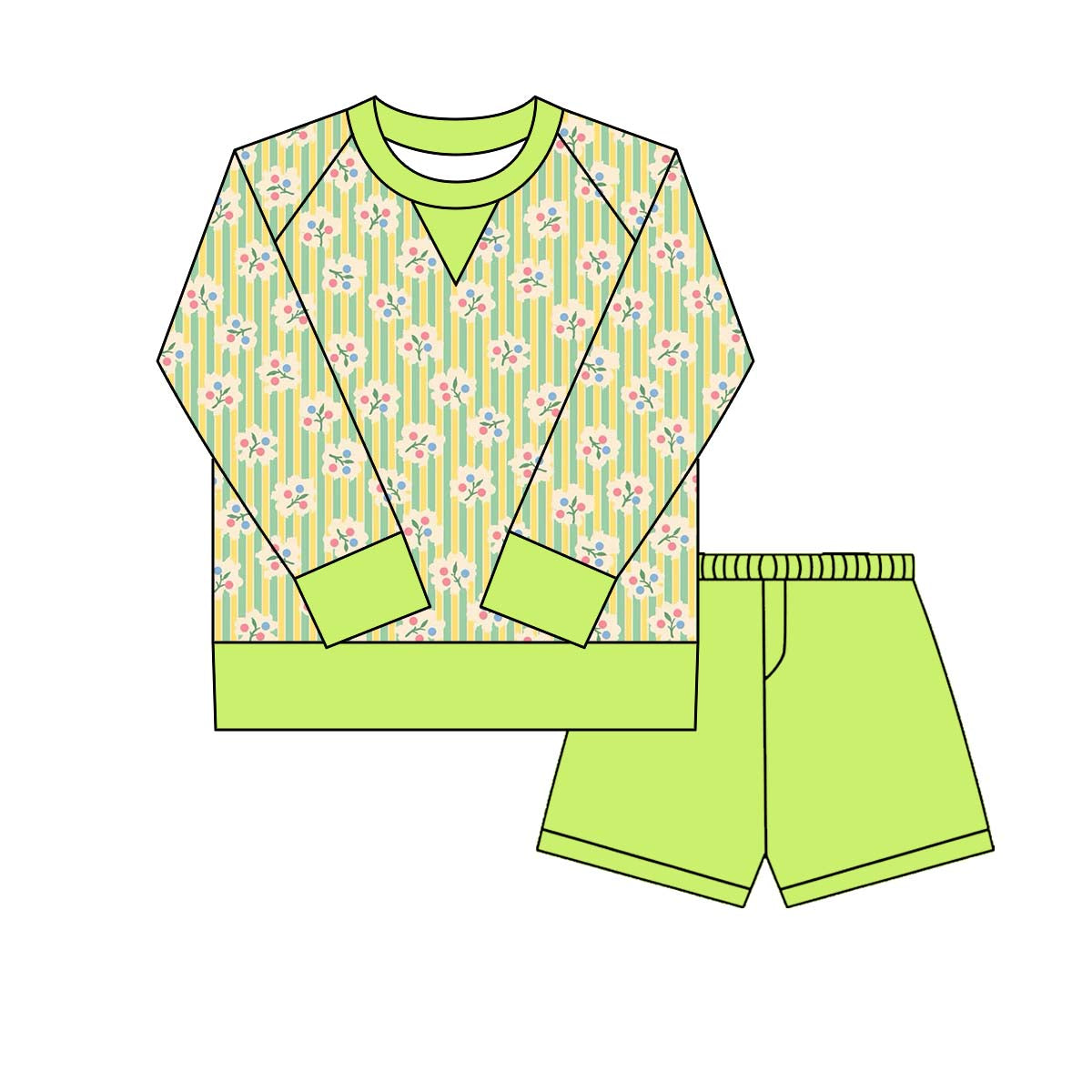 preorder GLS0025 yoga green flowers floral long sleeve green shorts girls set