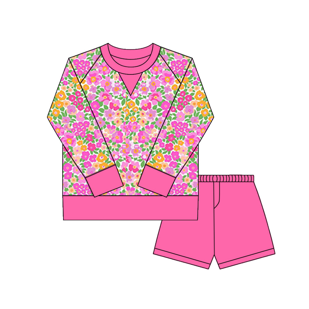 preorder GLS0028 yoga hot pink flowers floral long sleeve hot pink shorts girls set