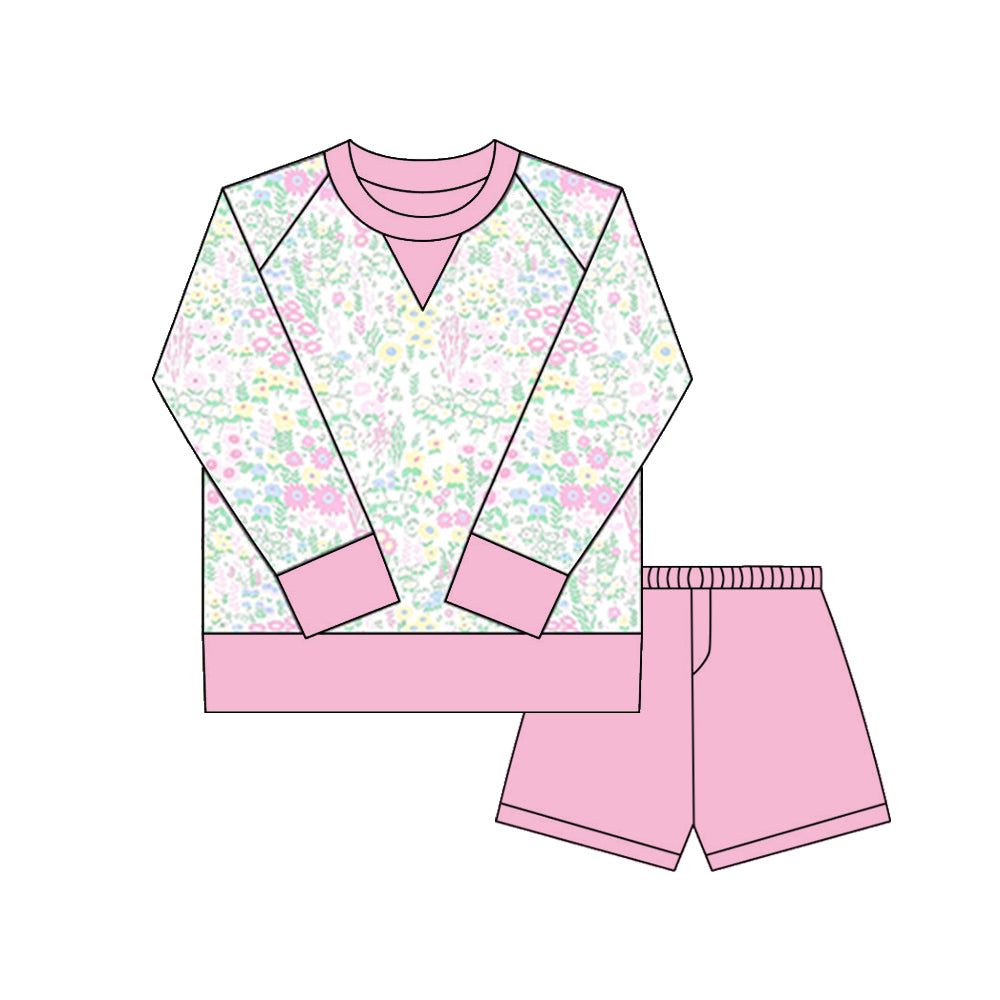 preorder GLS0031 yoga pink flowers floral long sleeve pink shorts girls set