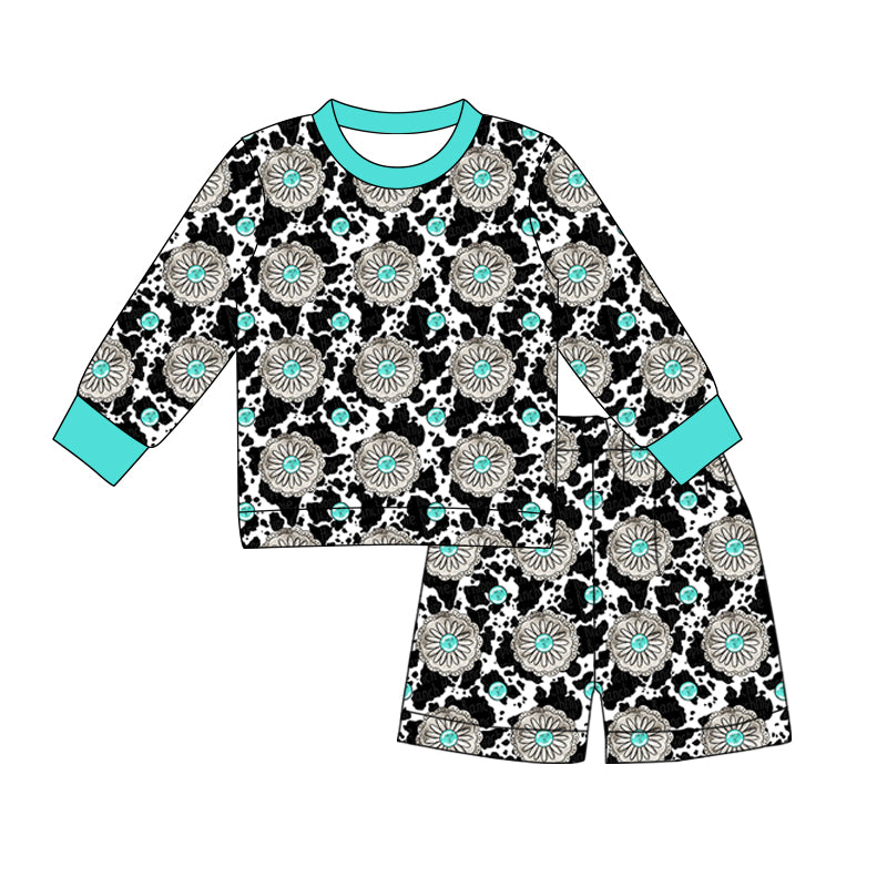 preorder GLS0050 Western turquoise cowprint long sleeve shorts girls set