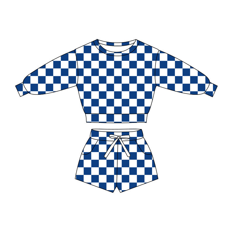preorder GLS0054 Blue Checkered Long Sleeve Shorts Girls Set