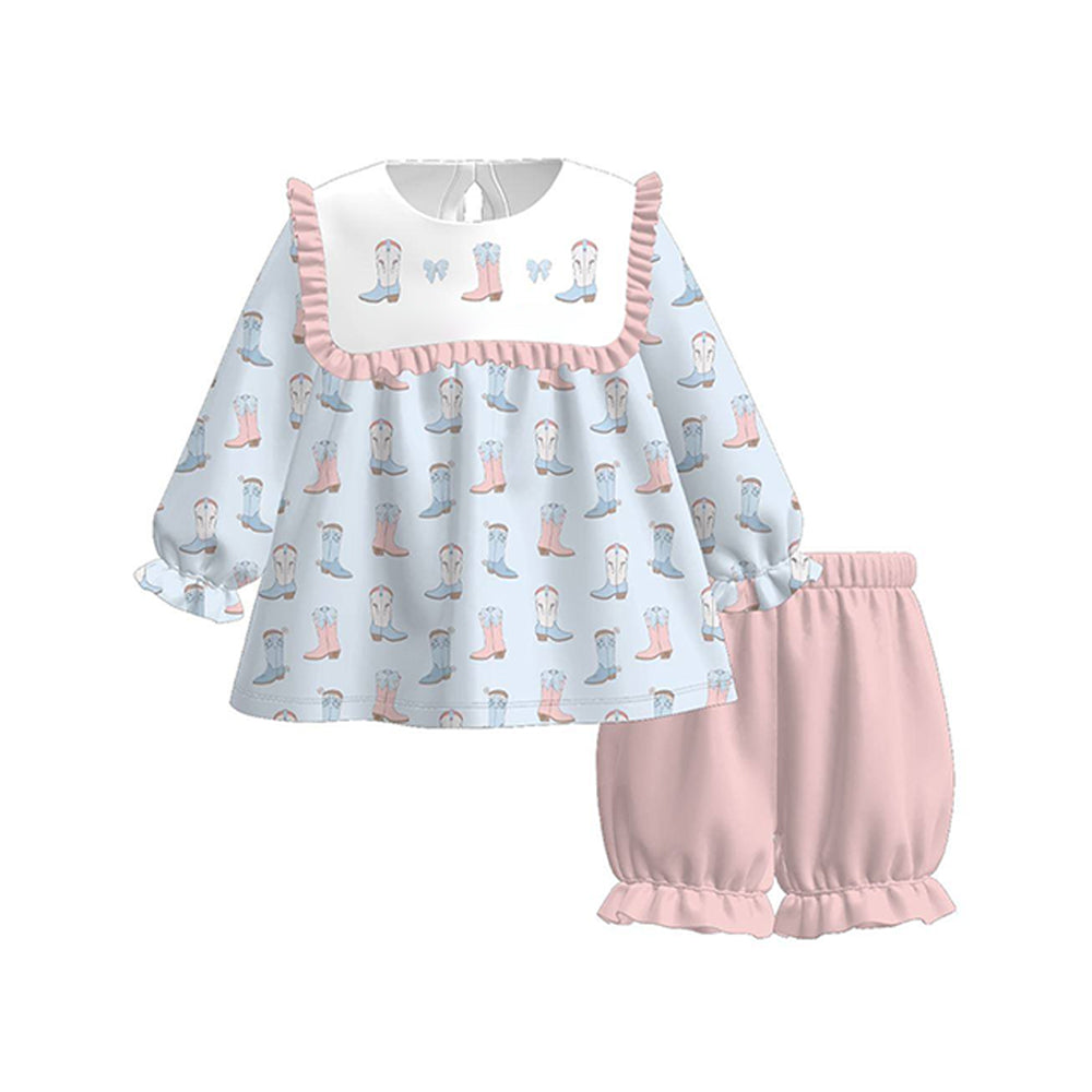 preorder GLS0060 Blue Bows Boots Long Sleeve Pink Shorts Girls Set