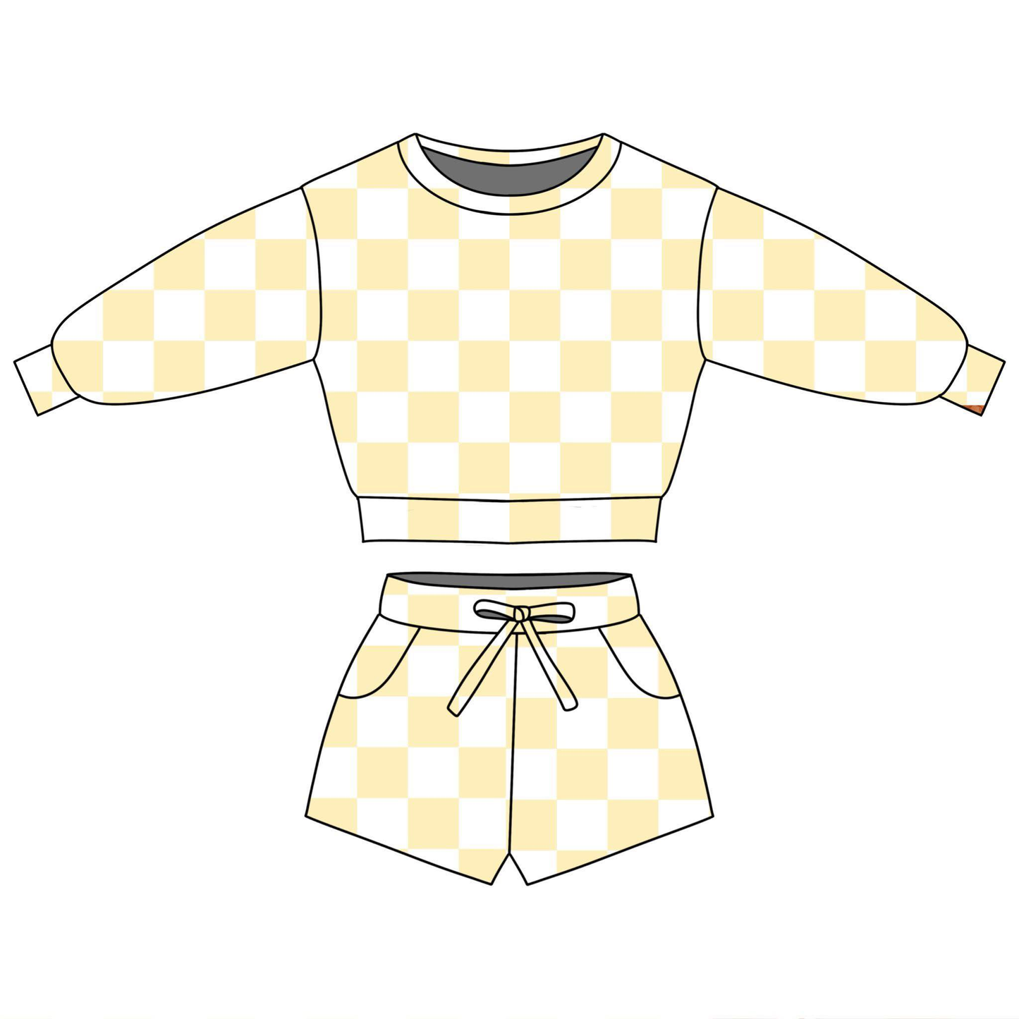 preorder GLS0084 Yellow Checkered Long Sleeve Shorts Girls Set