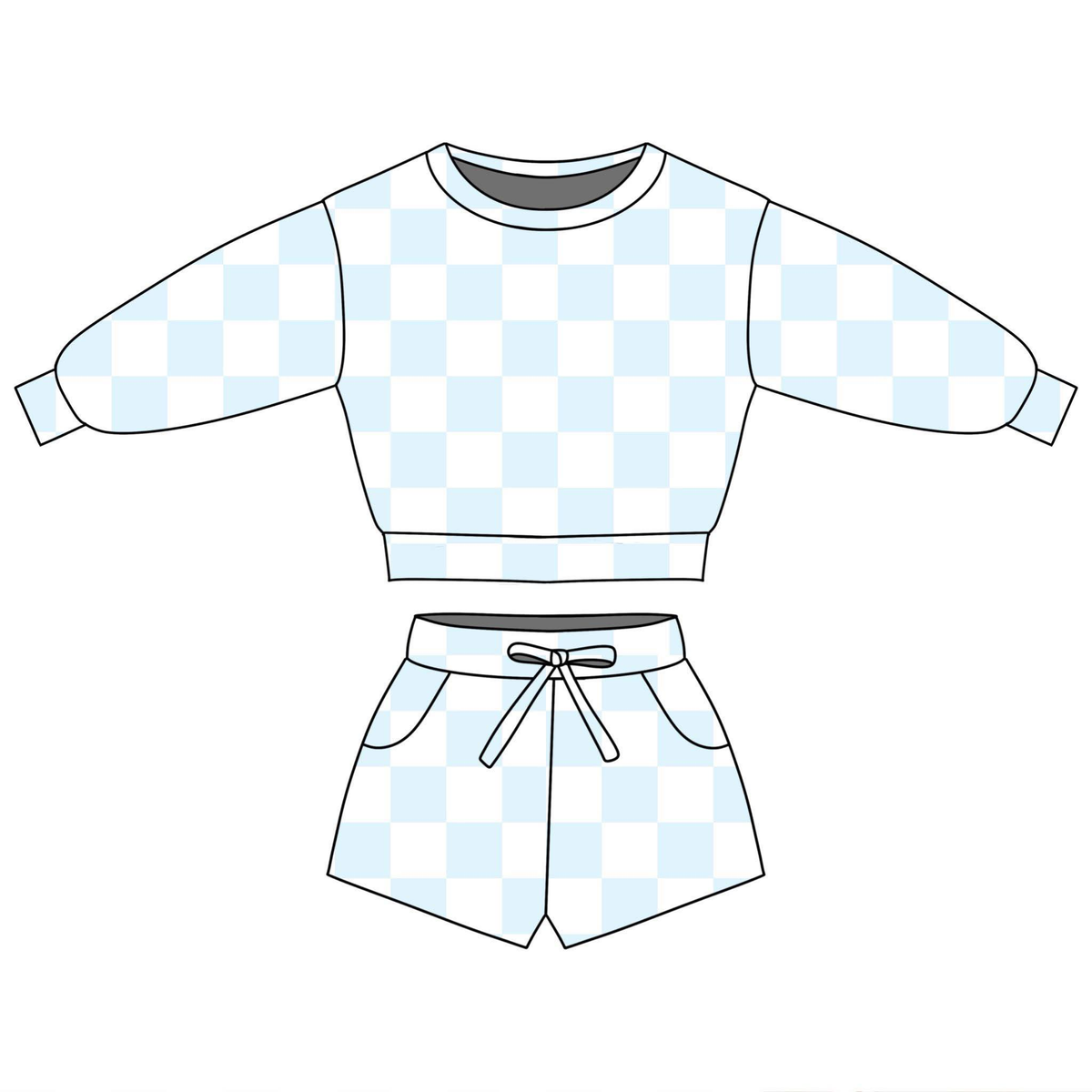 preorder GLS0088 Light Blue Checkered Long Sleeve Shorts Girls Set