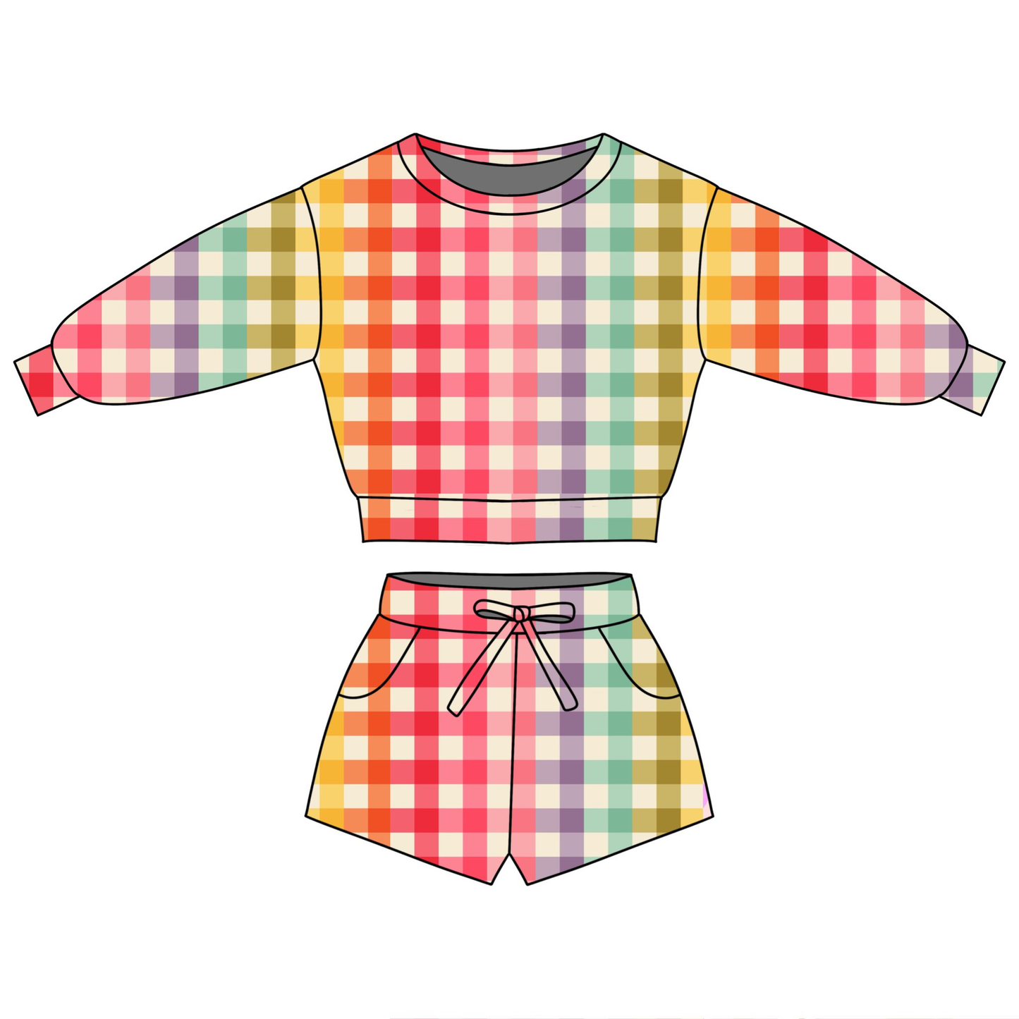 preorder GLS0095 Rainbows Checkered Long Sleeve Shorts Girls Set