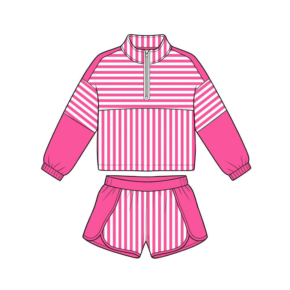 preorder GLS0106 Yoga Hot Pink Zipper Long Sleeve Shorts Girls Set