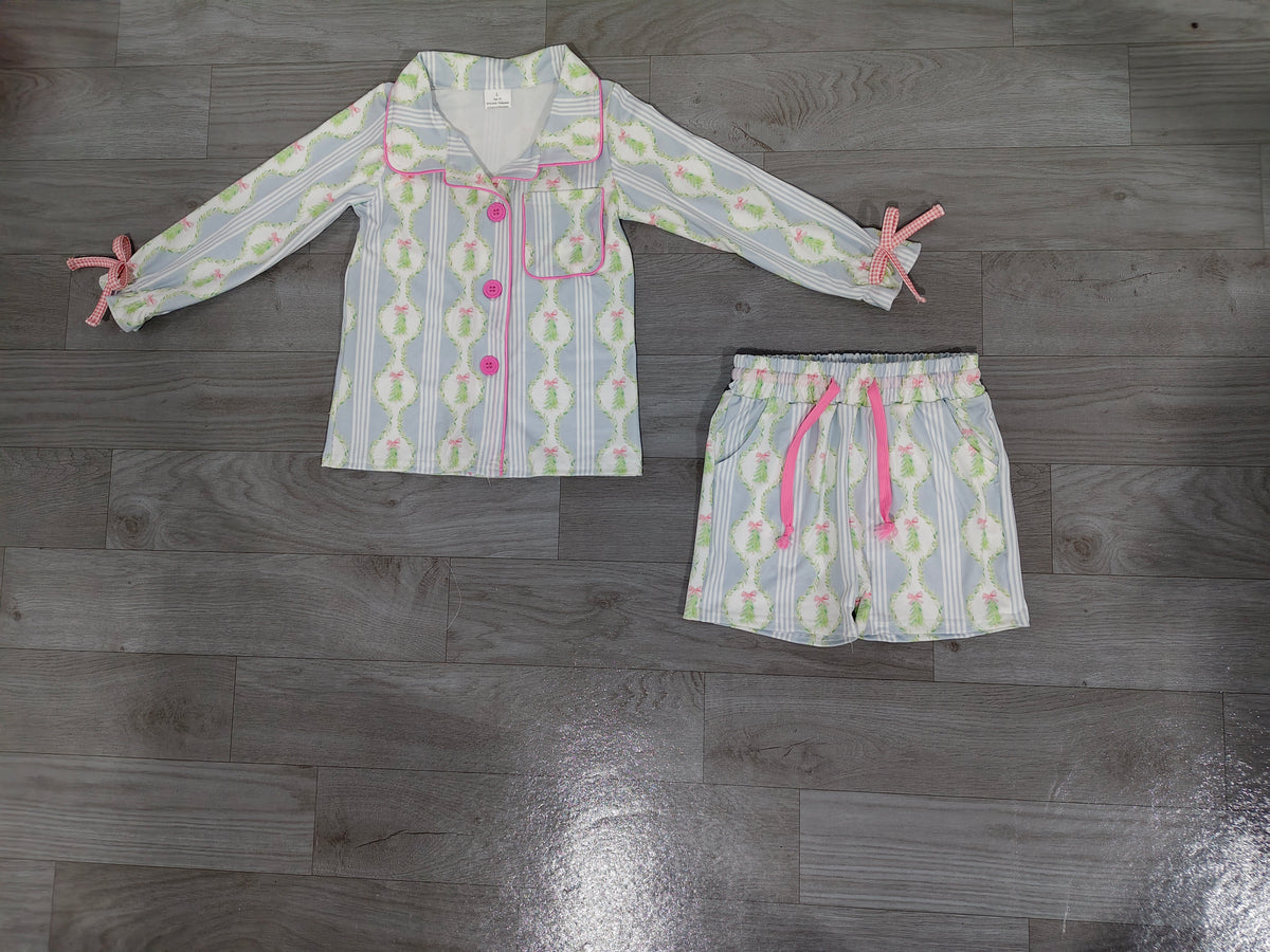 preorder Samples GLS0170 Christmas Tree Bows Blue Long Sleeve Shorts Girls Set