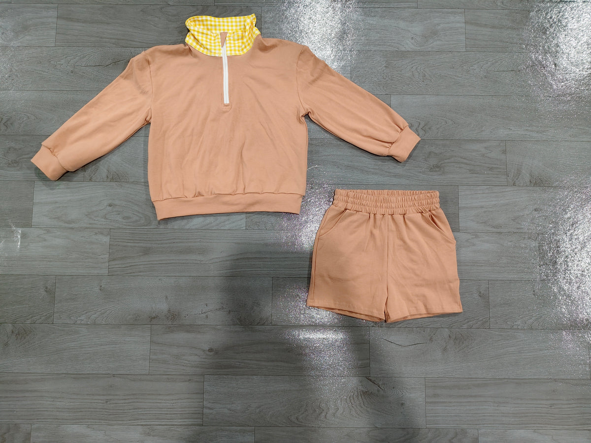 preorder Samples GLS0227 Khaki Zipper Long Sleeve Shorts Girls Set