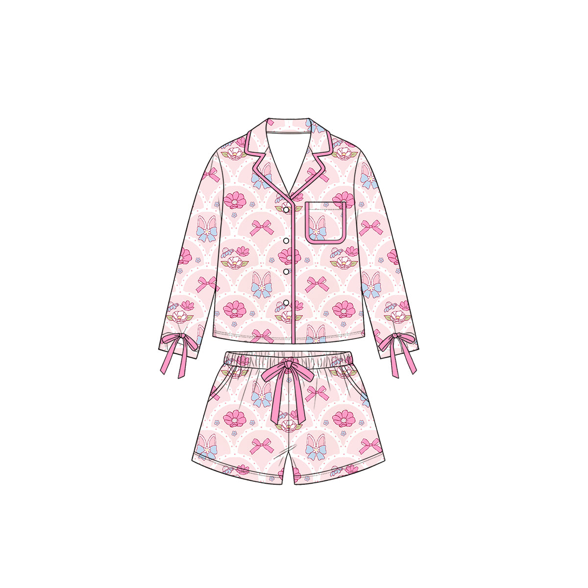 preorder GLS0235 Easter Bunny Rabbit Flowers Bows Pink Long Sleeve Shorts Girls Set