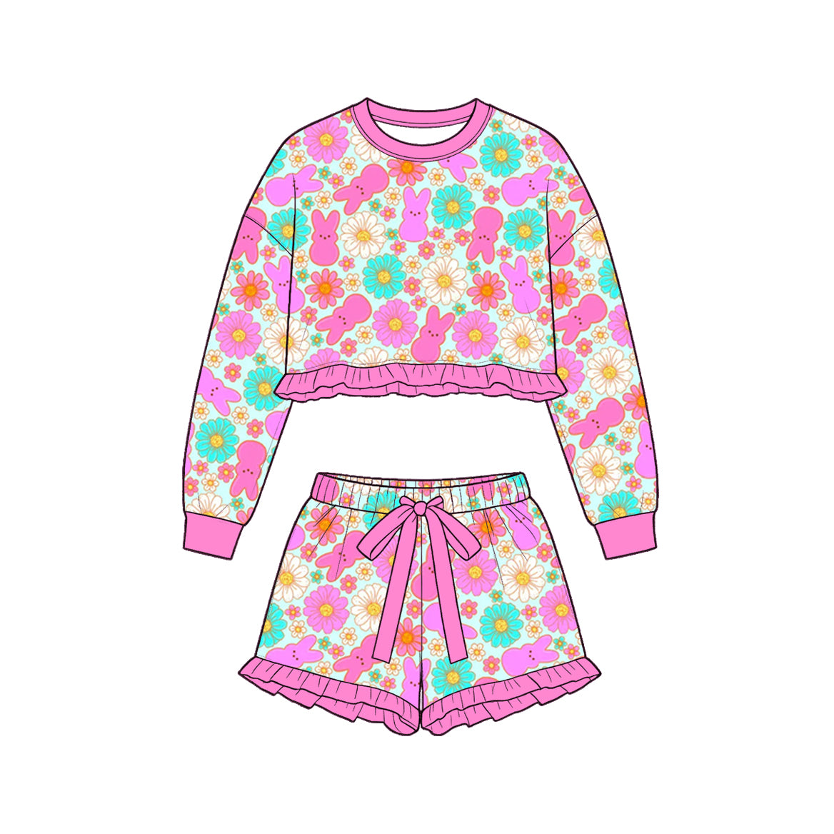 preorder GLS0247 Easter Bunny Rabbit Long Sleeve Shorts Girls Set