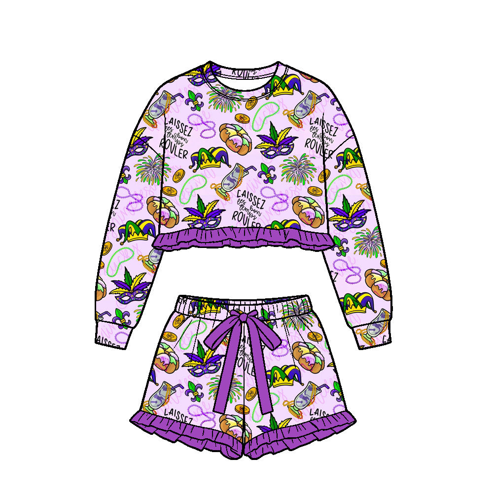 preorder GLS0252 Mardi Gras Long Sleeve Shorts Girls Set