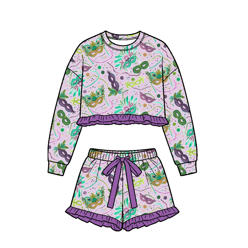 preorder GLS0253 Mardi Gras Long Sleeve Shorts Girls Set